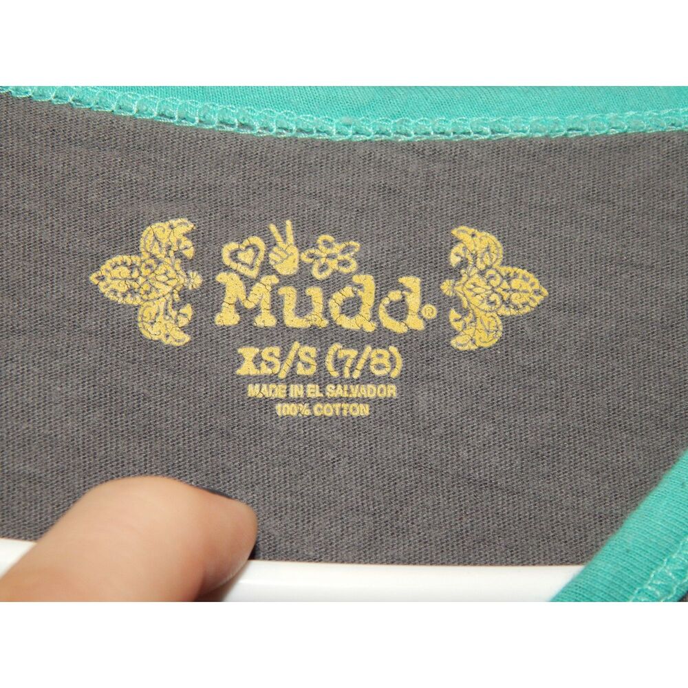 Mudd Girls 7/8 Charcoal Teal Peace Sign Hi‑Low Long Sleeve Top Vintage - Picture 3 of 11